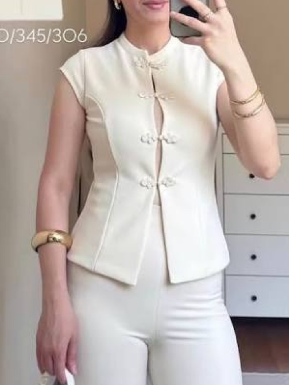 Zara Cream Mandarin-Collar Cap-Sleeve Top with Frog Closures